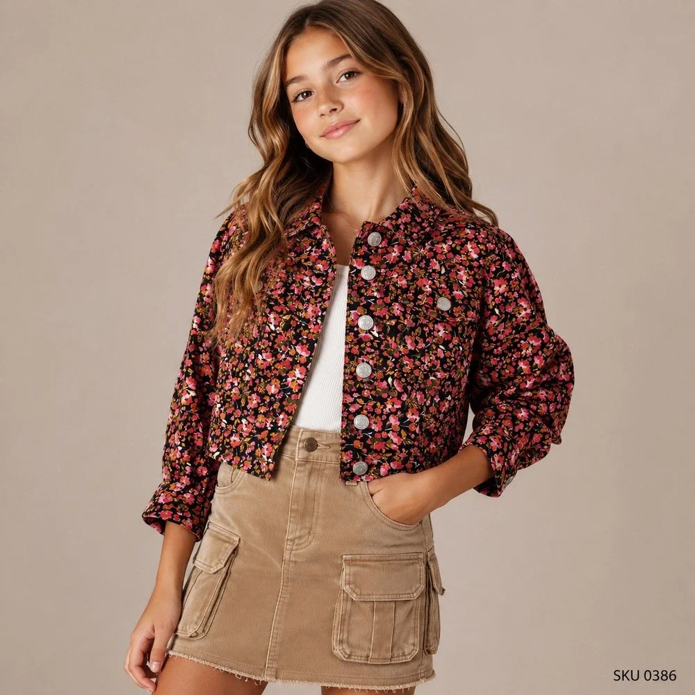 Social Standard Sanctuary Girls Floral Denim Jacket Pink Orng Blck L 10-12 0386